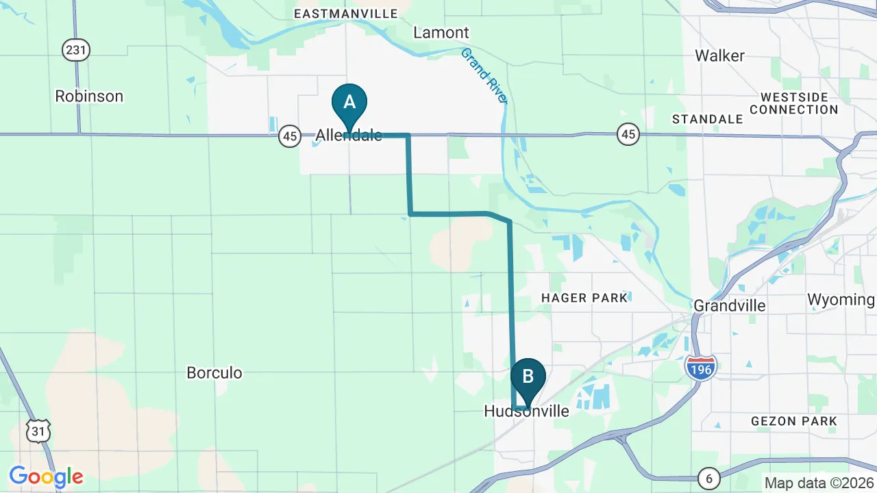 Driving directions map from Allendale, MI to Alma Sana Chiropractic Studio in Tucson