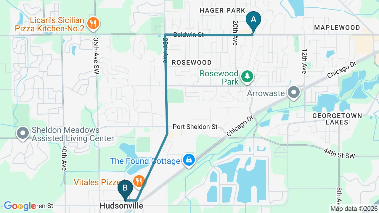 Driving directions map from Jenison, MI to Alma Sana Chiropractic Studio in Tucson